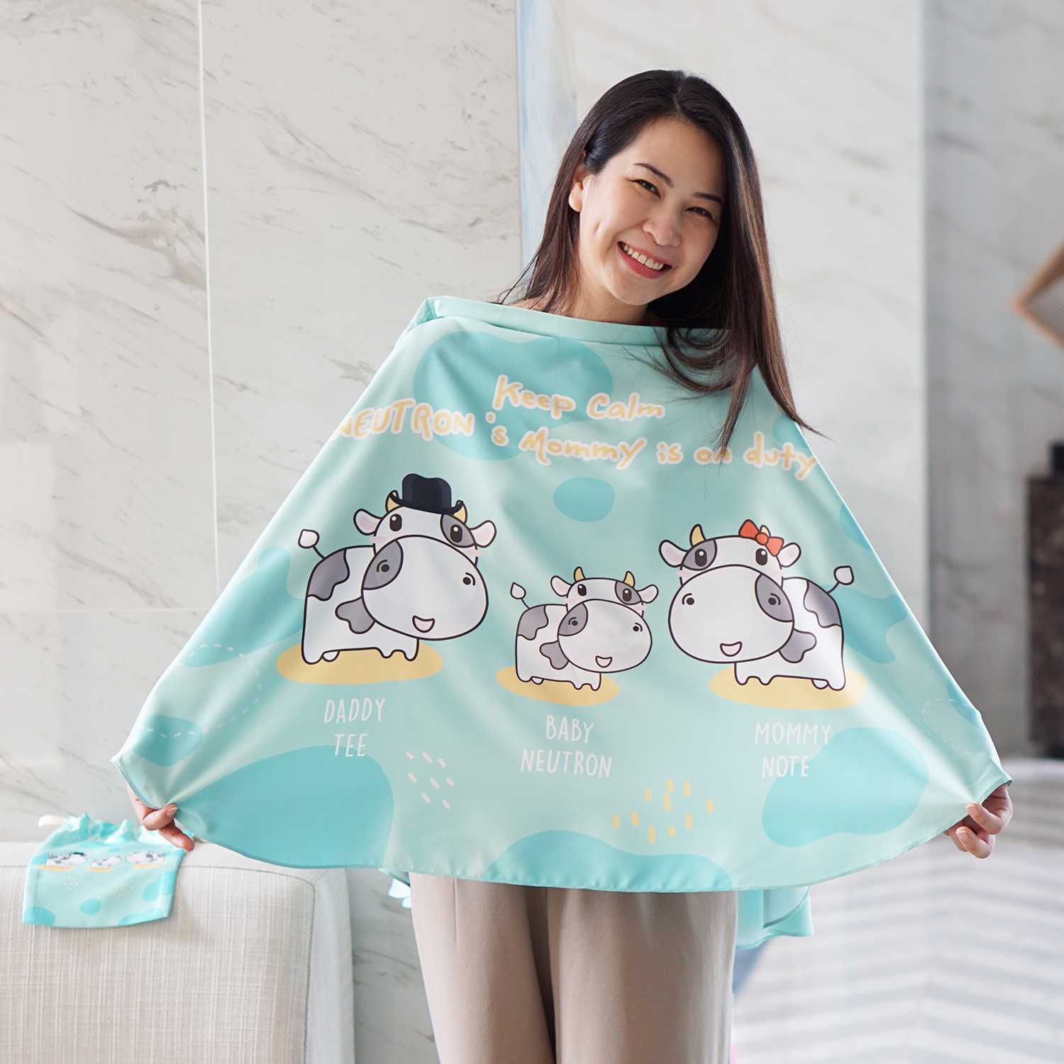 ชุดของขวัญเด็กแรกเกิด ผ้าคลุมให้นม + ผ้าห่มขนาด 75x100cm ลาย Cow1 - Mint