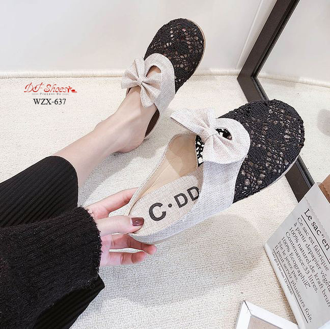 รองเท้าลูกไม้เปิดส้นแต่งโบว์ (สีดำ)