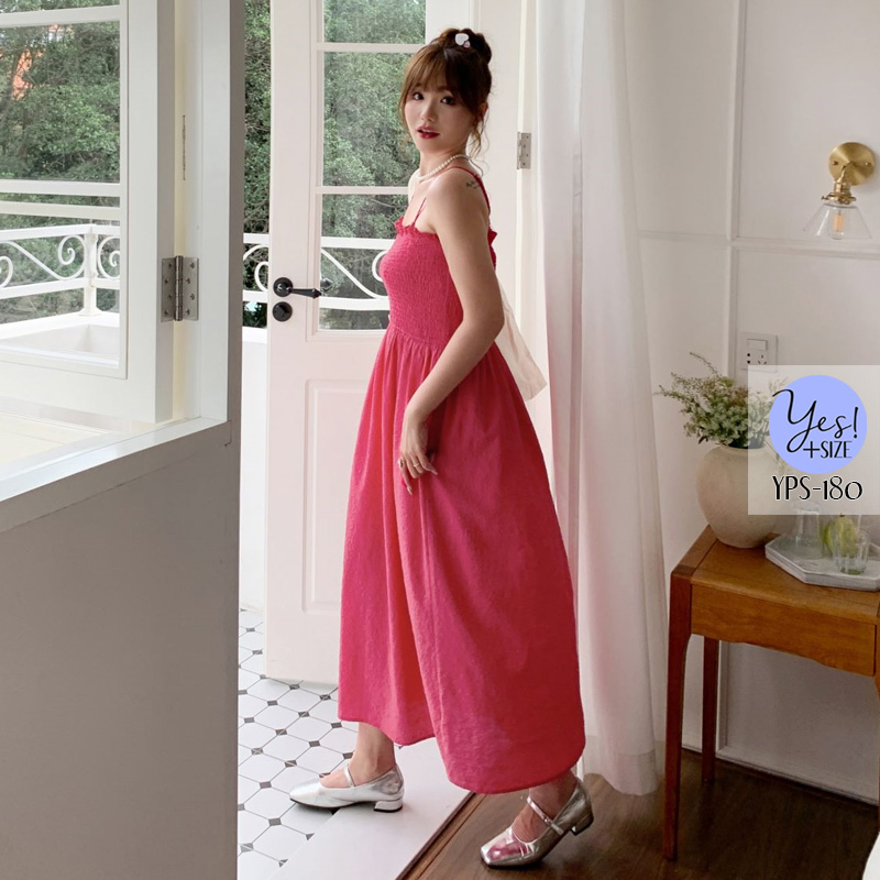 ชุดเดรสสายเดี่ยวสาวอวบ อก 35-55+นิ้ว เดรสยาวสายเดี่ยวสม็อคอก-เอว ยืดเยอะมาก สีชมพูแดง YPS-180