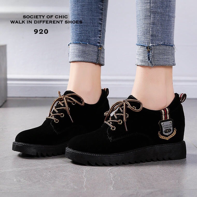 รองเท้าผ้าใบหนังกลับสไตล์แฟชั่นเกาหลี (สีดำ)