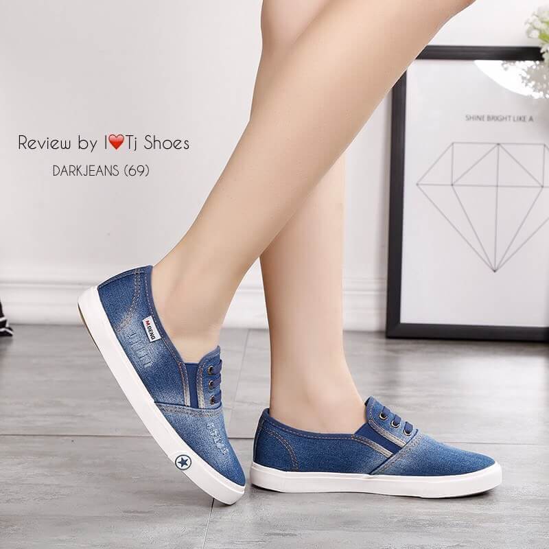 รองเท้าผ้าใบยีนส์ Slip on แต่งเชือก (สีอ่อน)