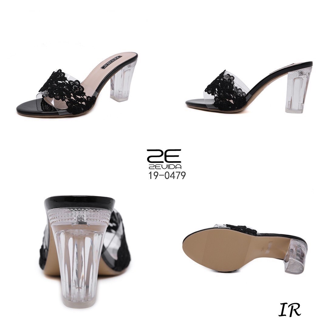 รองเท้าส้นแก้วเปิดส้นแต่วลูกไม้ (สีดำ)