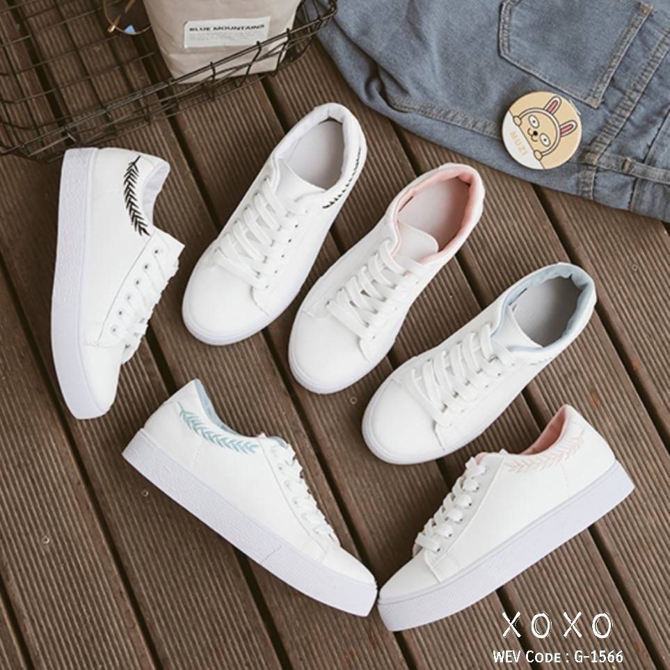 รองเท้าผ้าใบแต่งขอบสีพาสเทล (สีชมพู)