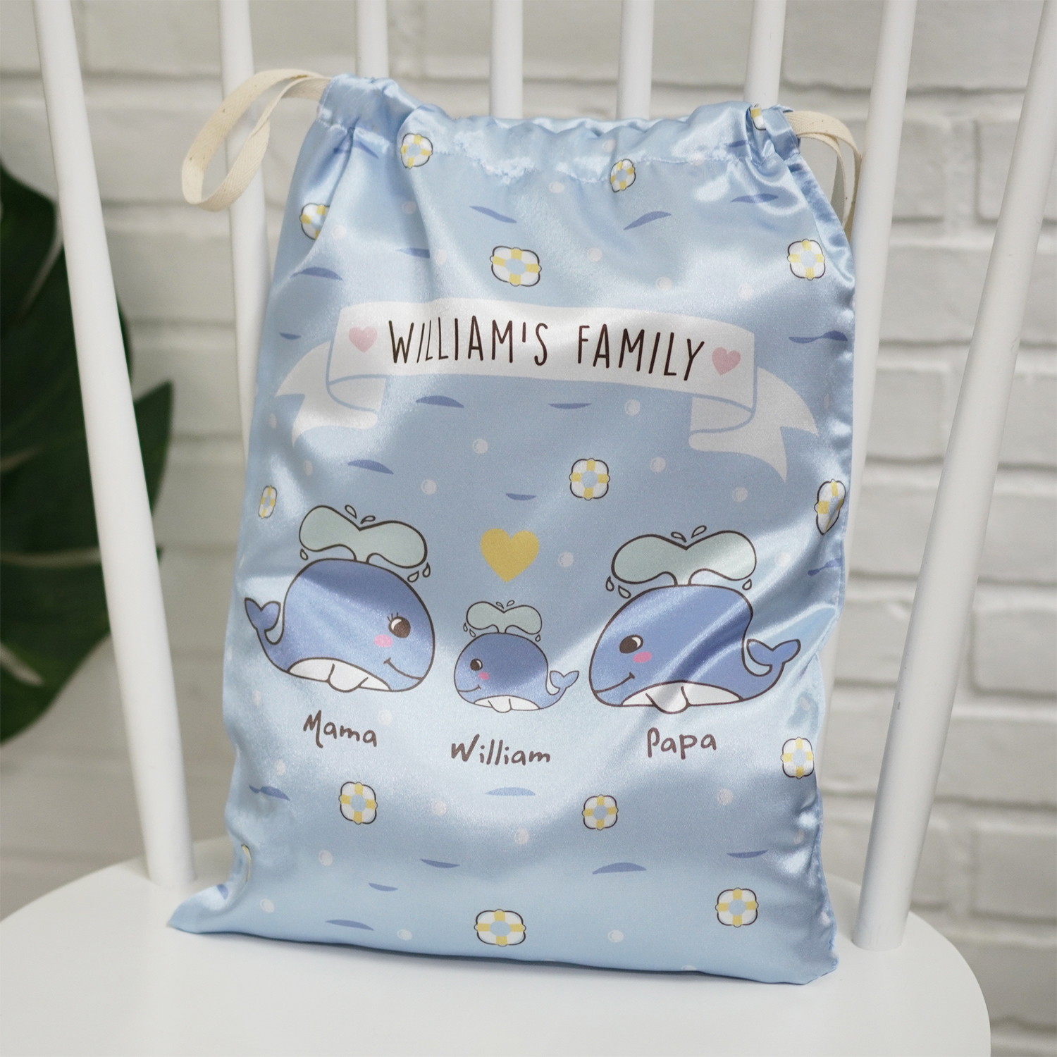 ถุงผ้าซาติน ไซส์ L สั่งทำใส่ชื่อ - Whale - Blue