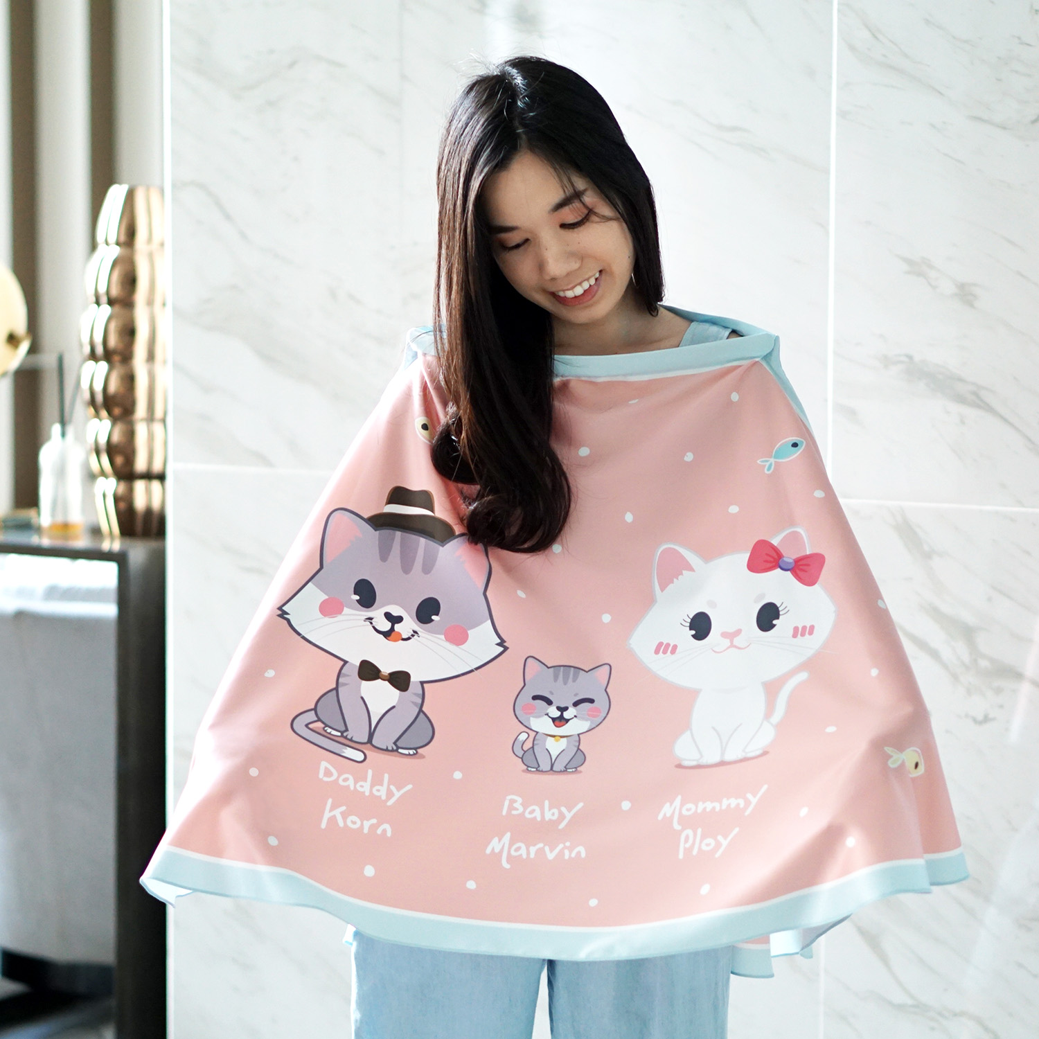 ผ้าคลุมให้นม สั่งทำใส่ชือ ลาย Kitten's Family - Peach
