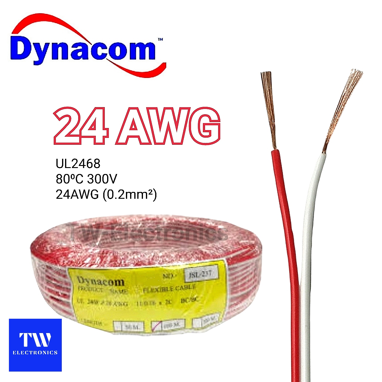 สายไฟคู่24AWG Dynacom / สีขาว+แดง