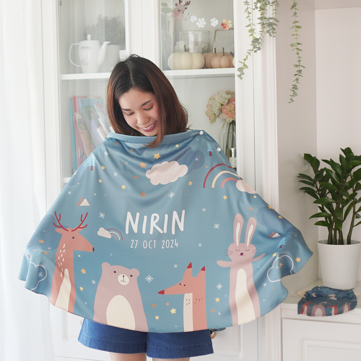 ผ้าคลุมให้นม 3in1 (รุ่นมีกระดุม ถอดโครงได้) แบบสั่งทำใส่ชื่อ ลาย Woodland - Midnight Green