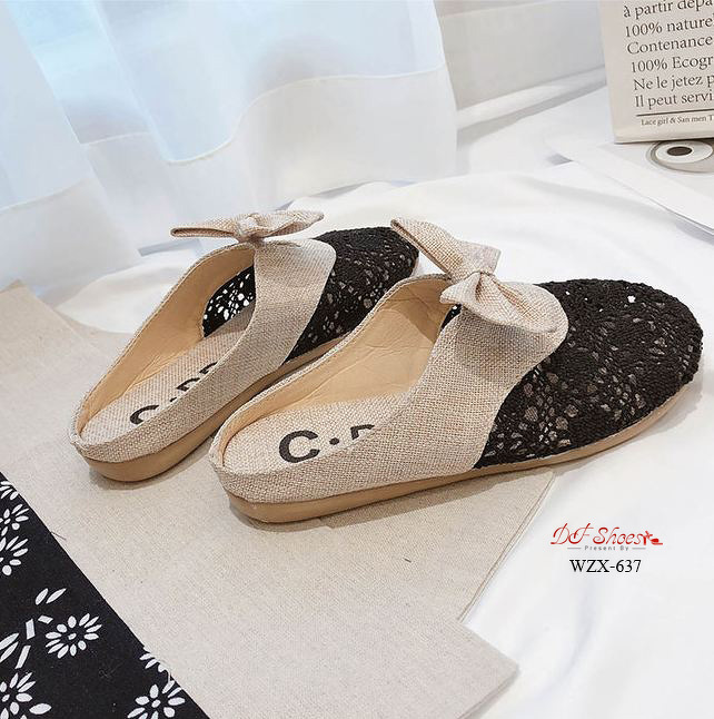 รองเท้าลูกไม้เปิดส้นแต่งโบว์ (สีดำ)