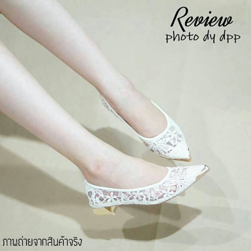 พร้อมส่ง : รองเท้าคัทชูหัวแหลมส้นทอง (สีครีม)