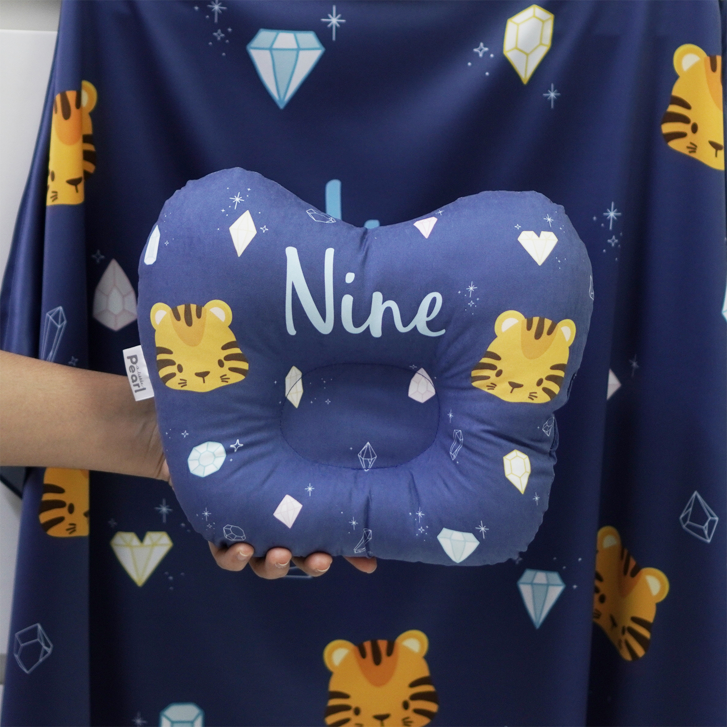 หมอนเด็ก หมอนหลุม Baby Pillow สั่งทำใส่ชื่อ ลาย Tiger with Diamond - Navy