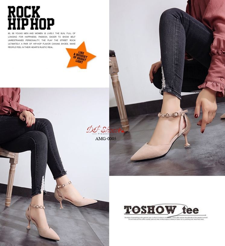 รองเท้าคัทชูส้นแจกันแต่งสายรัดข้อ (สีชมพู)