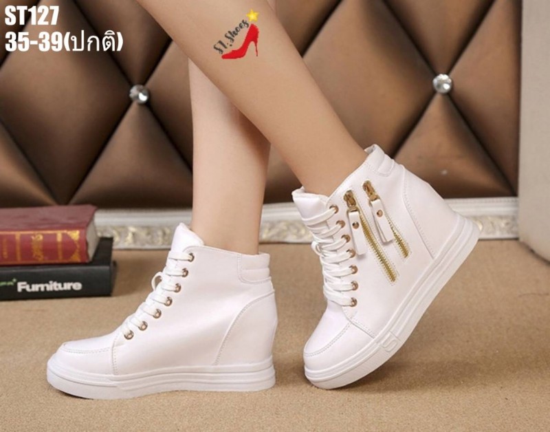 รองเท้าผ้าใบเสริมส้นหุ้มข้อแต่งซิปคู่ (สีขาว)