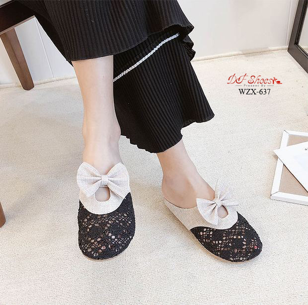 รองเท้าลูกไม้เปิดส้นแต่งโบว์ (สีดำ)