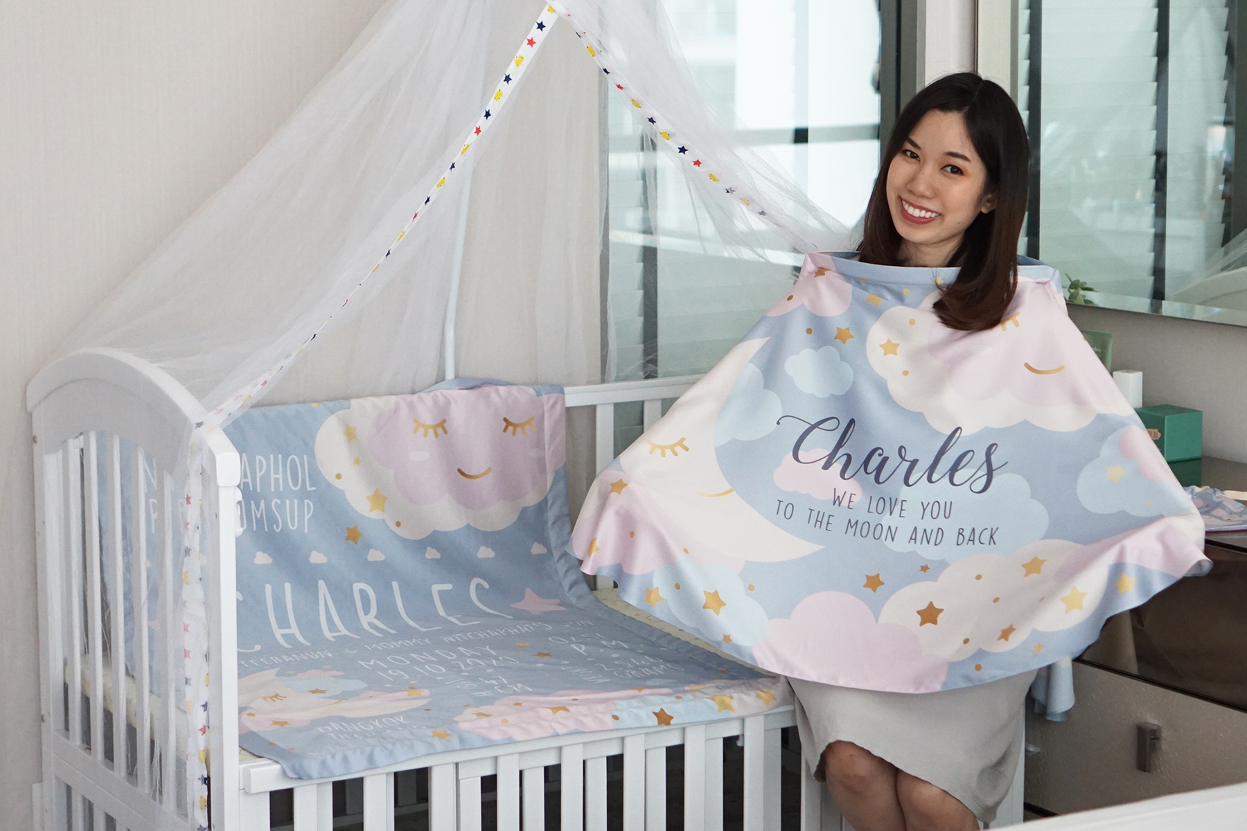 ชุดของขวัญเด็กแรกเกิด ผ้าคลุมให้นม + ผ้าห่มขนาด 75x100cm ลาย Moon - Grey