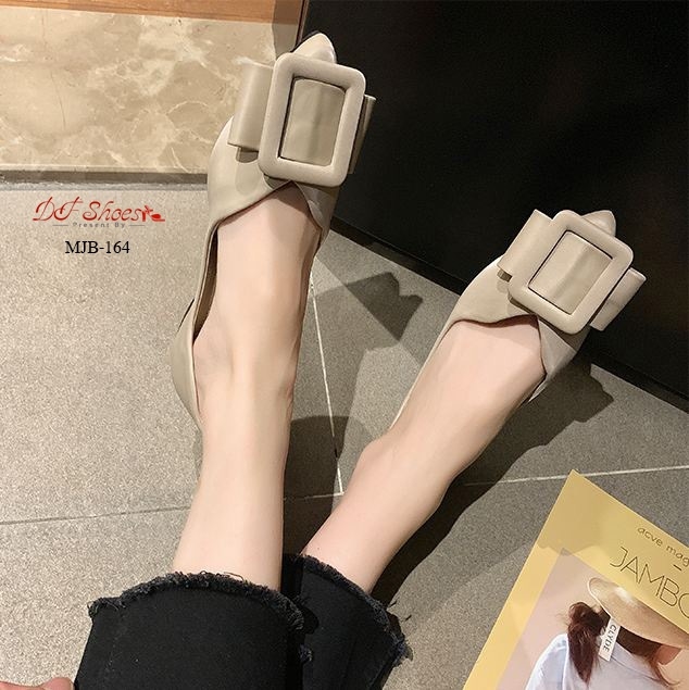 รองเท้าคัทชูส้นแบนแต่งโบว์เข็มขัด (สีเขียว)