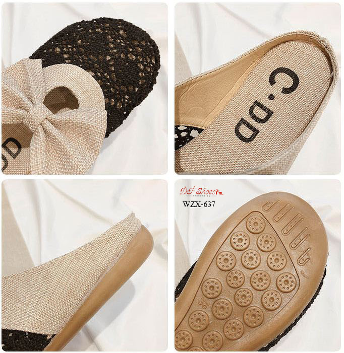 รองเท้าลูกไม้เปิดส้นแต่งโบว์ (สีดำ)