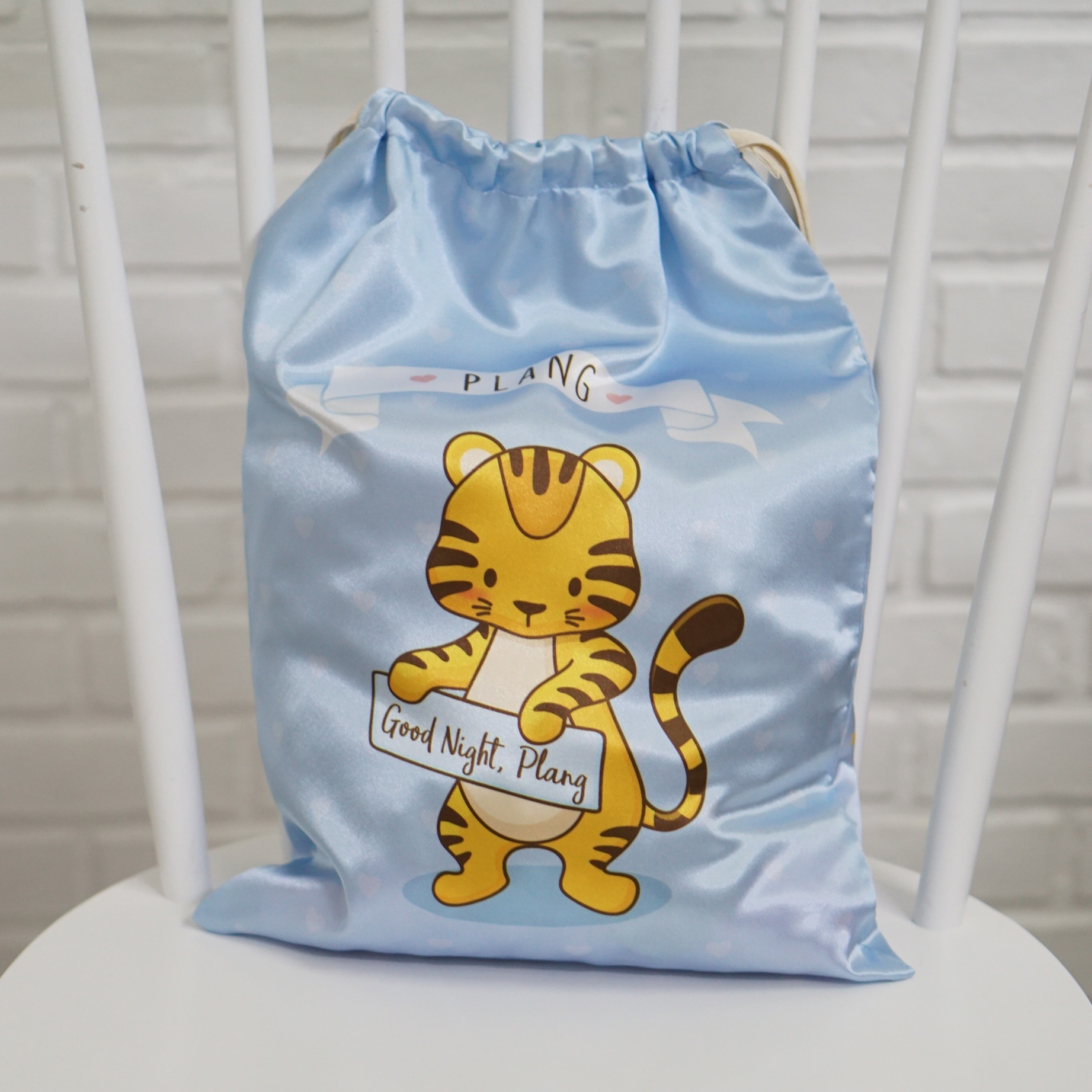 ถุงผ้าซาติน ไซส์ L สั่งทำใส่ชื่อ - Tiger - Blue