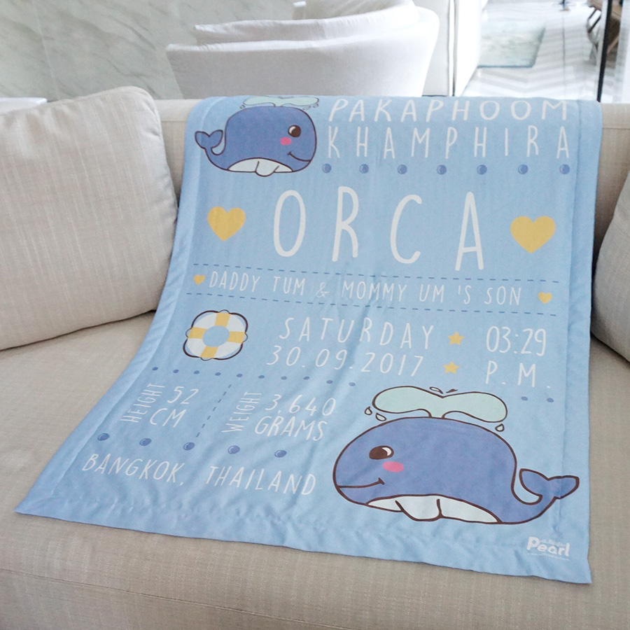 ผ้าห่มเด็ก ใส่ประวัติแรกเกิด ลายวาฬ สีฟ้า / Whale - Blue