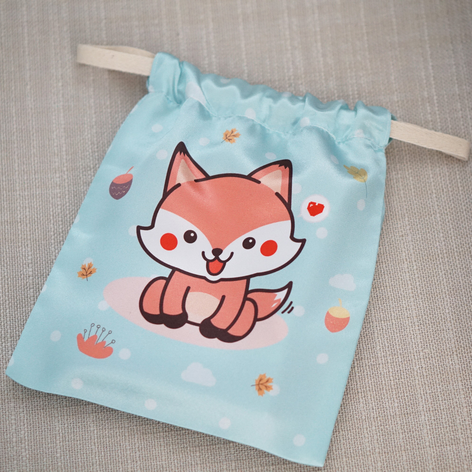 ถุงผ้าซาติน ลาย Fox Family - Mint