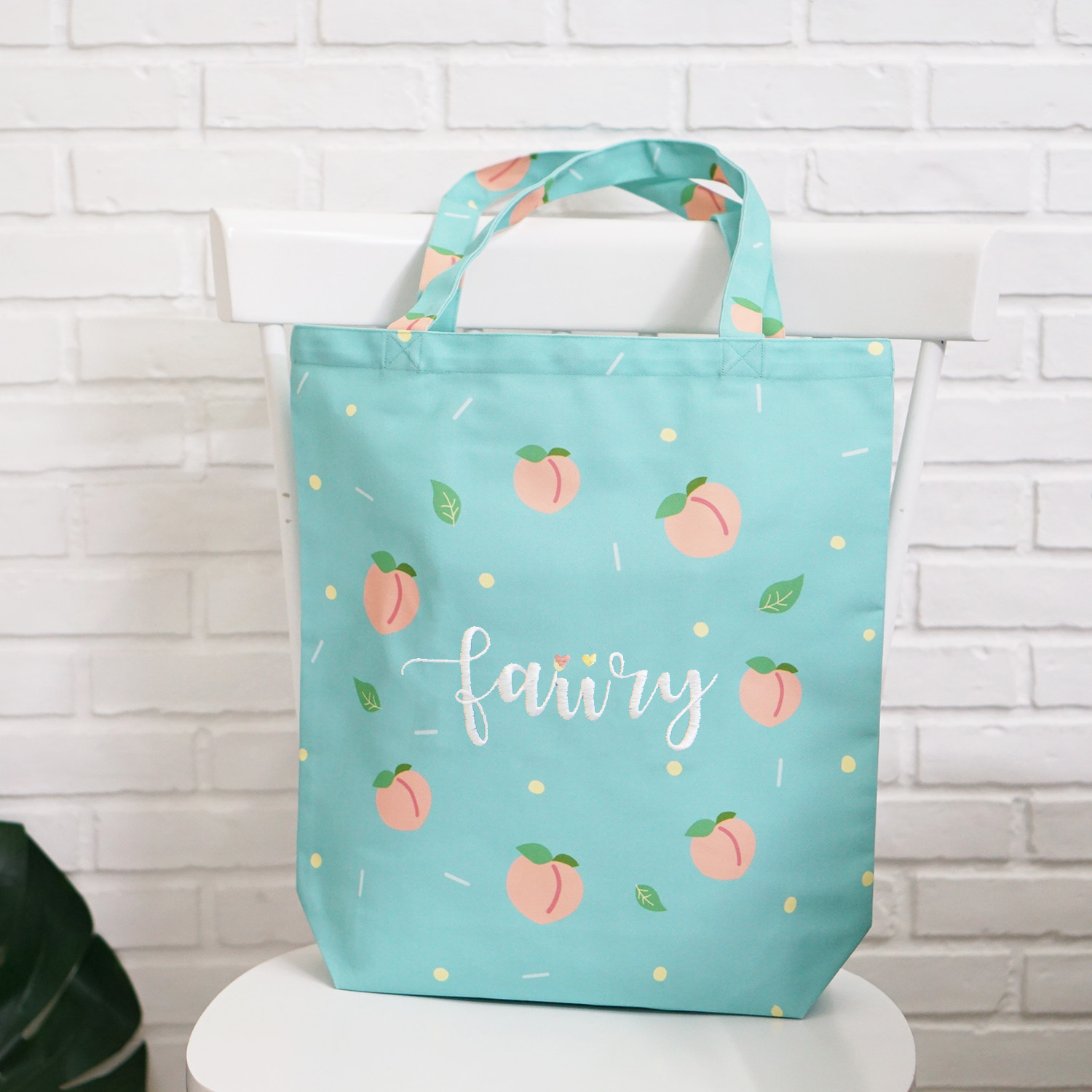 กระเป๋าผ้าแคนวาส ปักชื่อ ลาย Peach - Mint