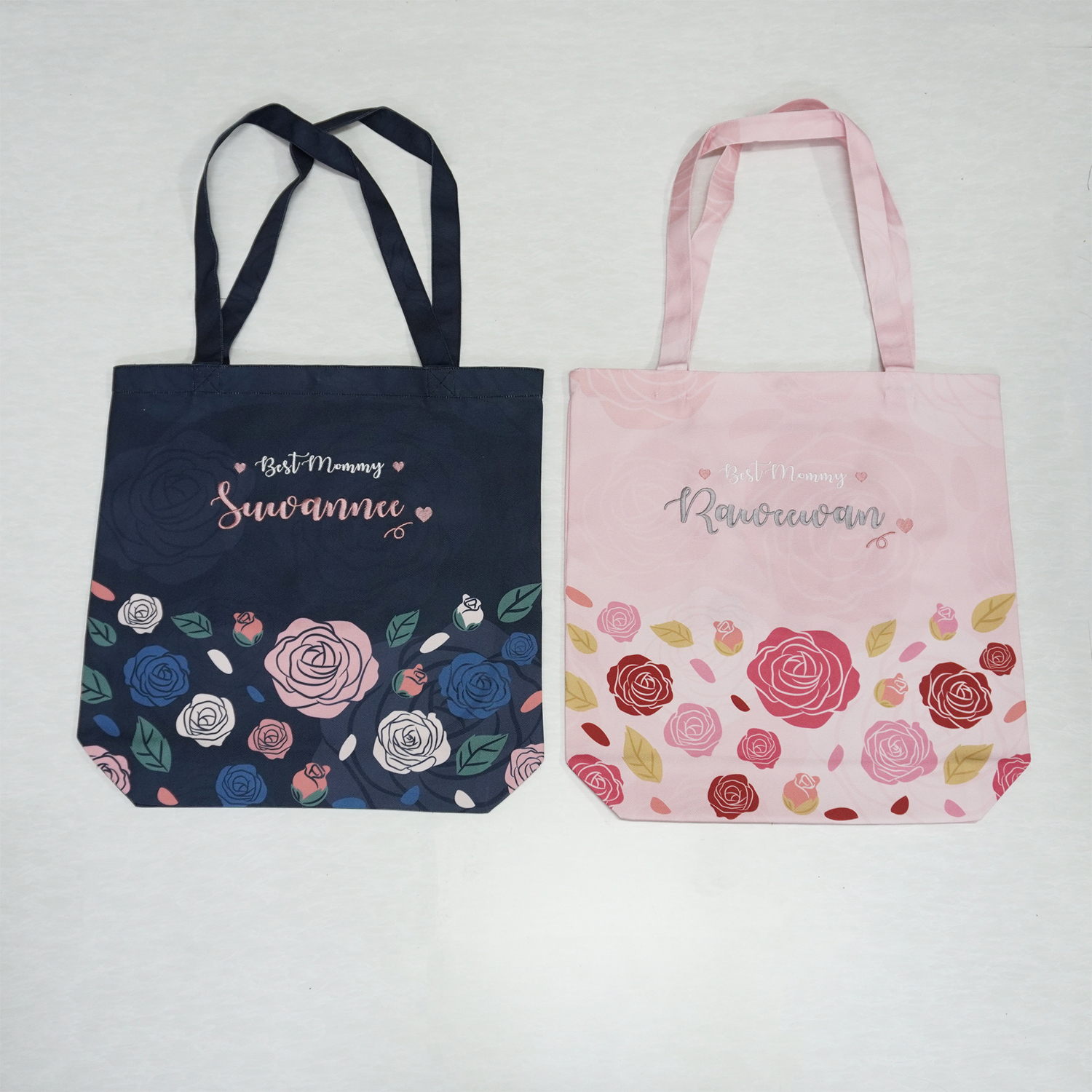 กระเป๋าผ้าแคนวาส ปักชื่อ ลาย Rose - Navy