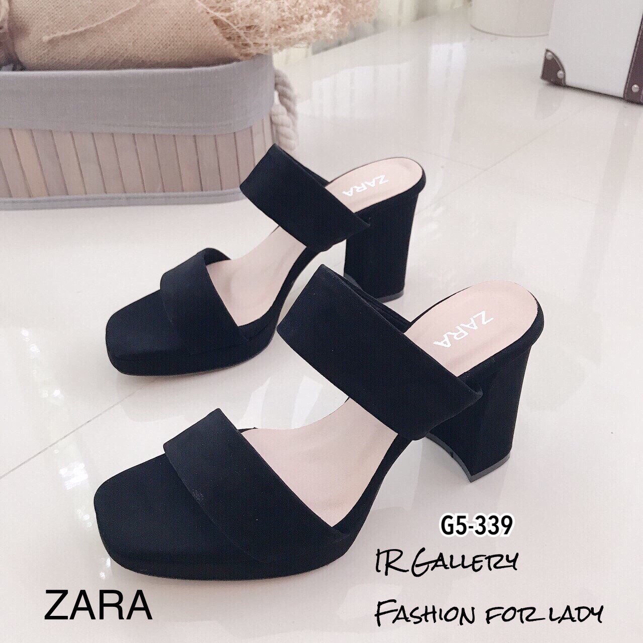 รองเท้าส้นตันเปิดส้น Style Zara (สีกากี)