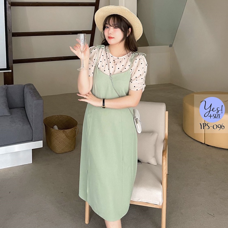 ชุดเซ็ท 2 ชิ้นสาวอวบอก 40-50 นิ้ว เสื้อสีครีมลายจุดดำ+เดรสสายเดี่ยว สีเขียว/สีดำ YPS-096