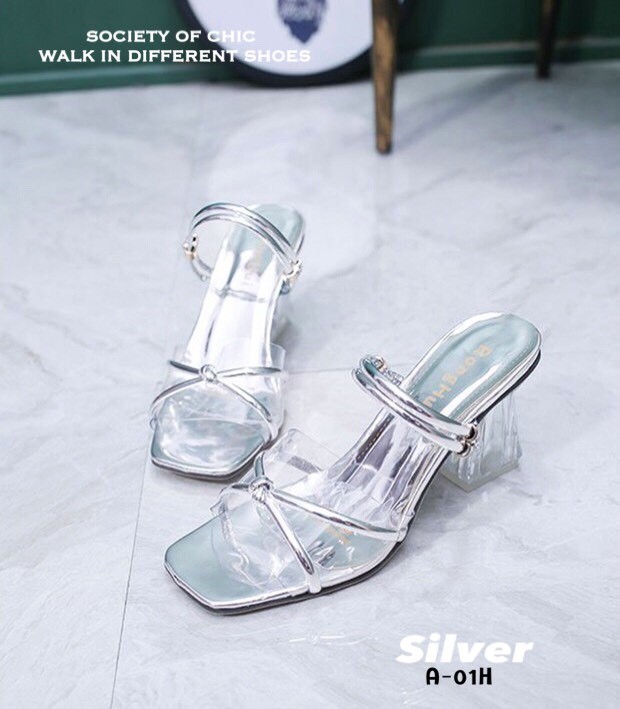 รองเท้าส้นแก้วสไตล์ Maxi (สีเงิน)