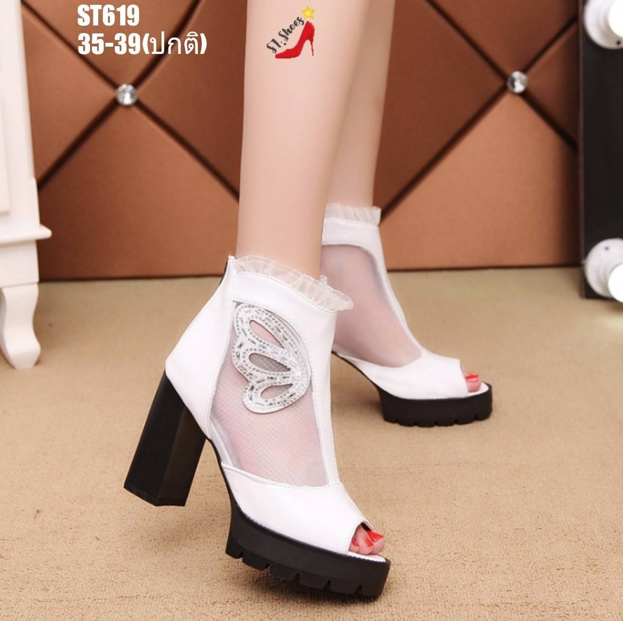 รองเท้าส้นตันหุ้มส้นแต่งผ้าซีทรู (สีดำ)