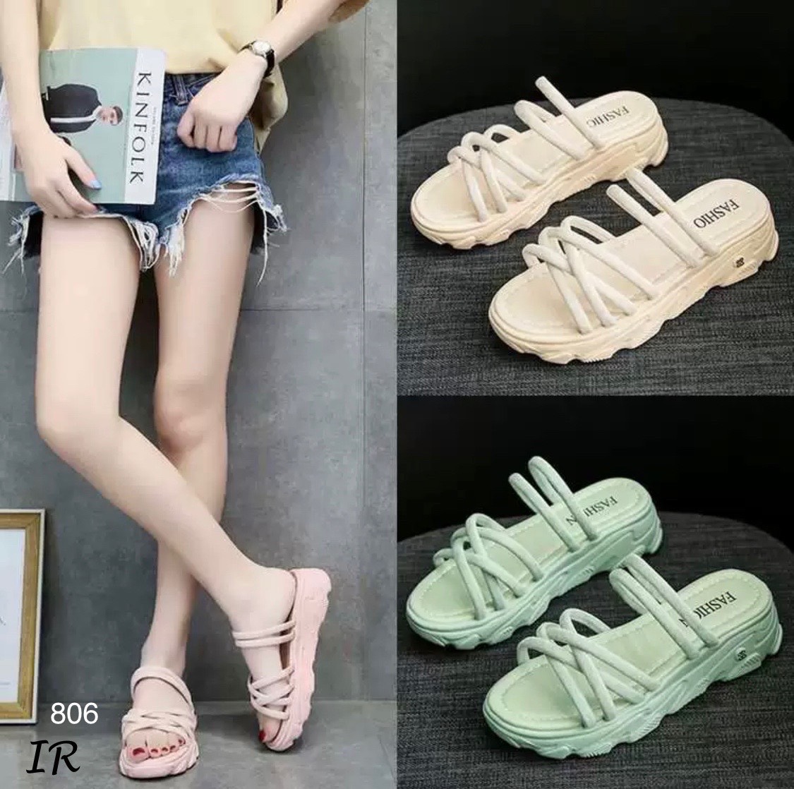 รองเท้าแตะส้นเตารีดพื้นอมยิ้ม (สีชมพู)