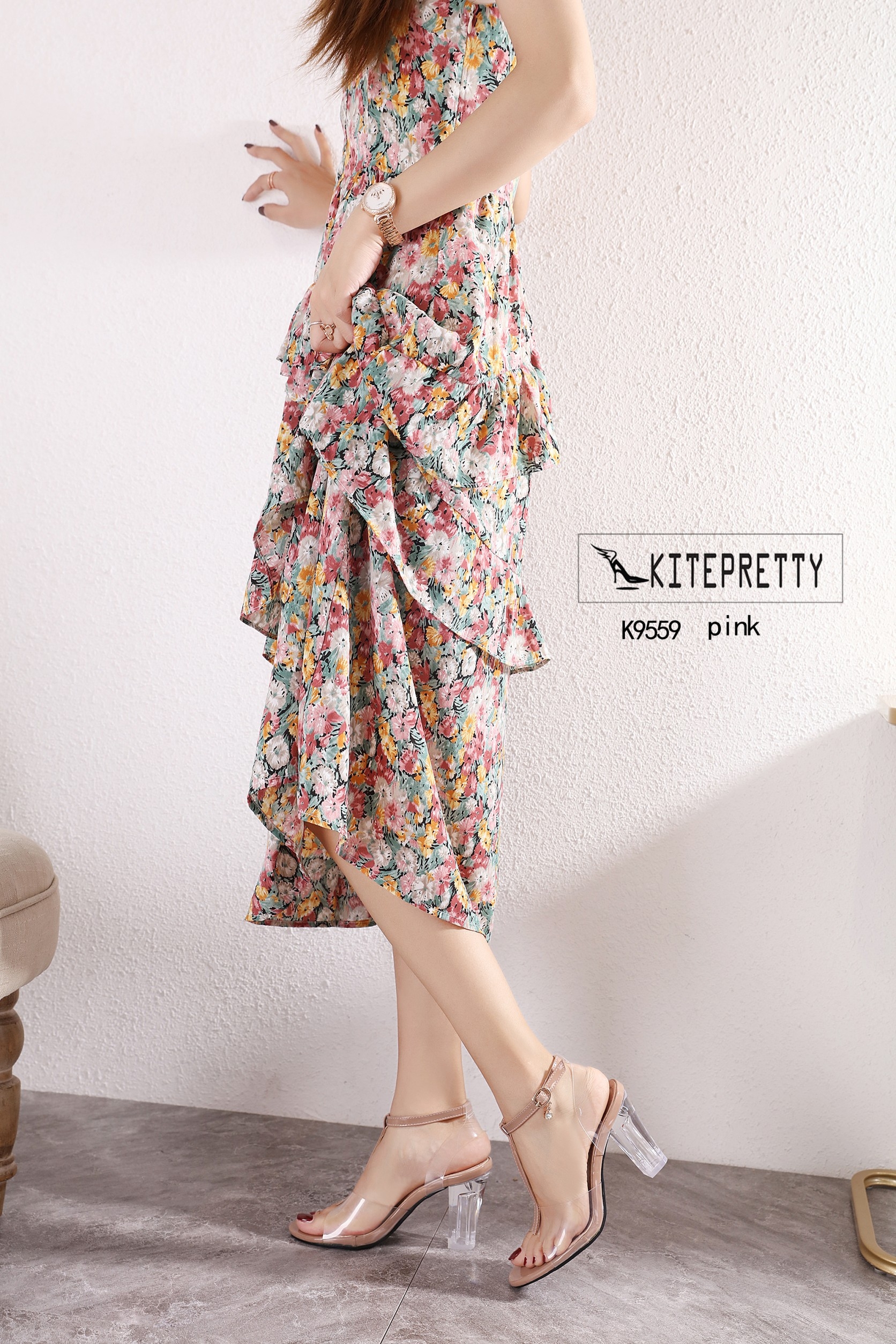 รองเท้าส้นแก้ว T-Strap (สีชมพู)