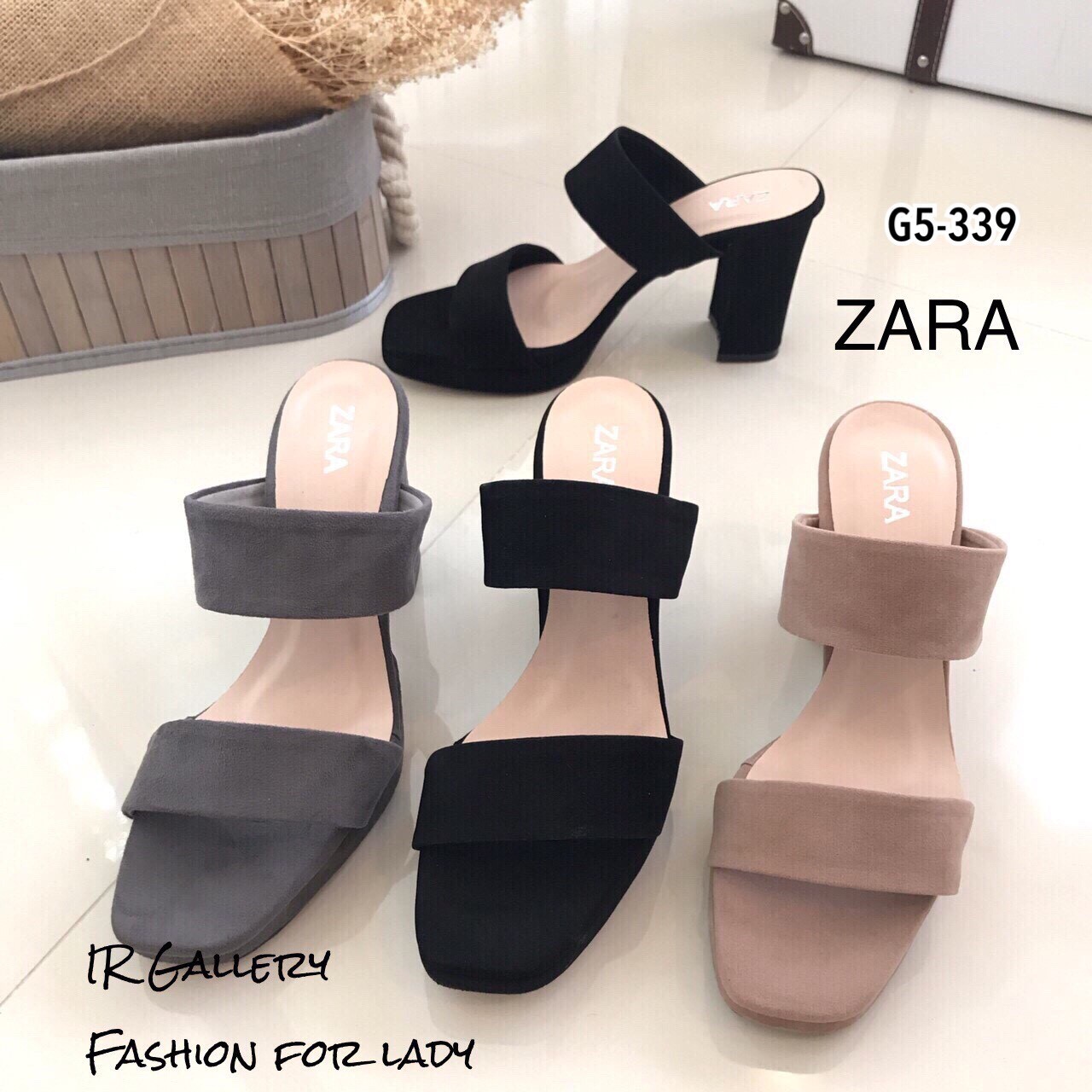 รองเท้าส้นตันเปิดส้น Style Zara (สีกากี)