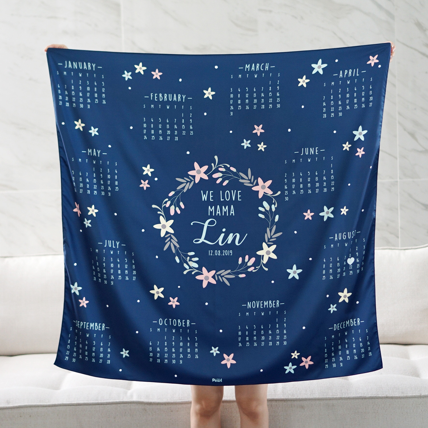 ผ้าพันคอ ลาย Calendar 2019 - Navy - Floral Frame