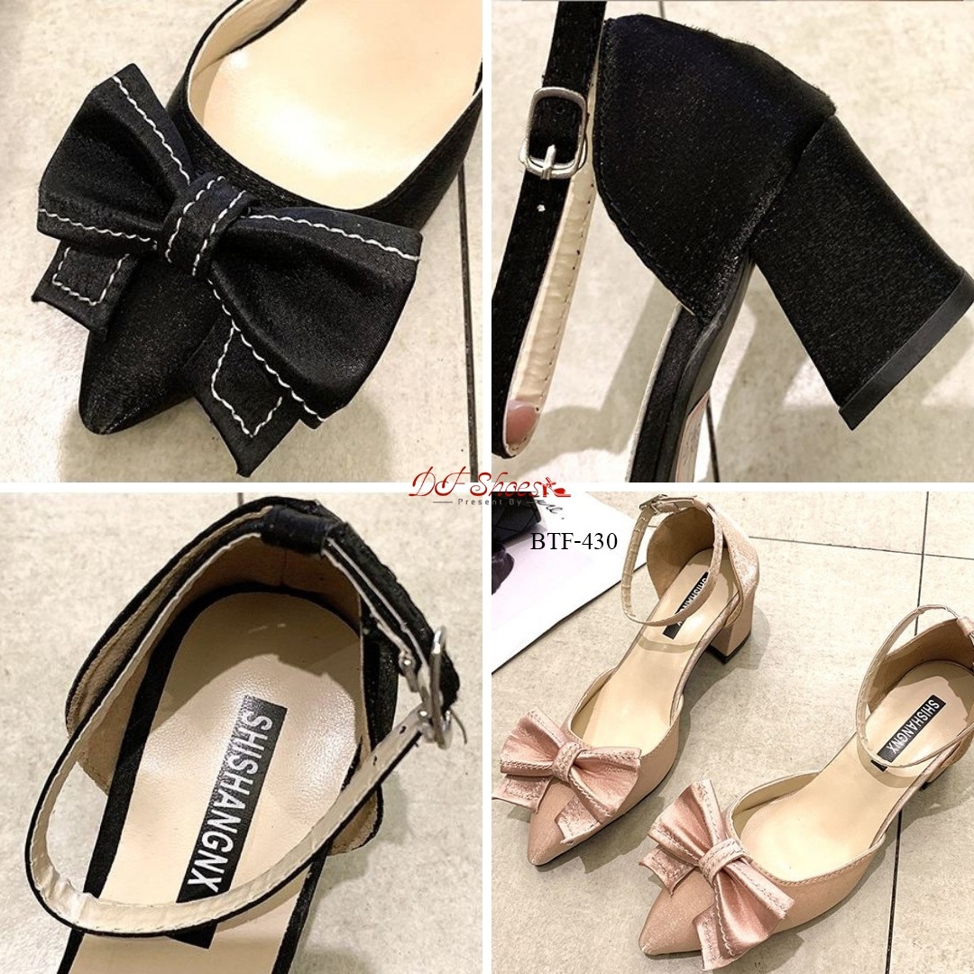 รองเท้าคัทชูส้นเตี้ยแต่งโบว์ (สีดำ)