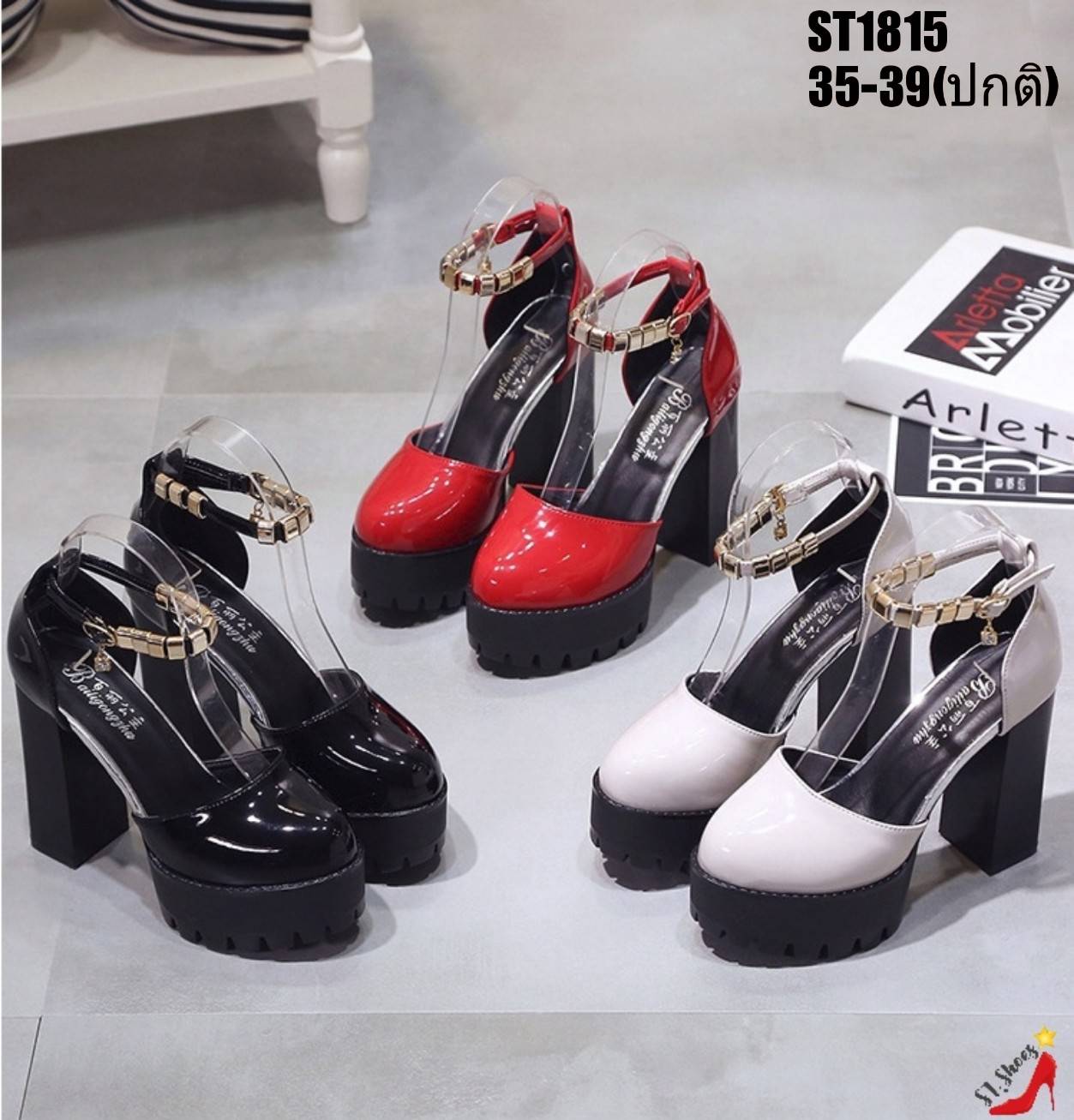 รองเท้าส้นตึกแต่งสายรัดทอง (สีแดง)