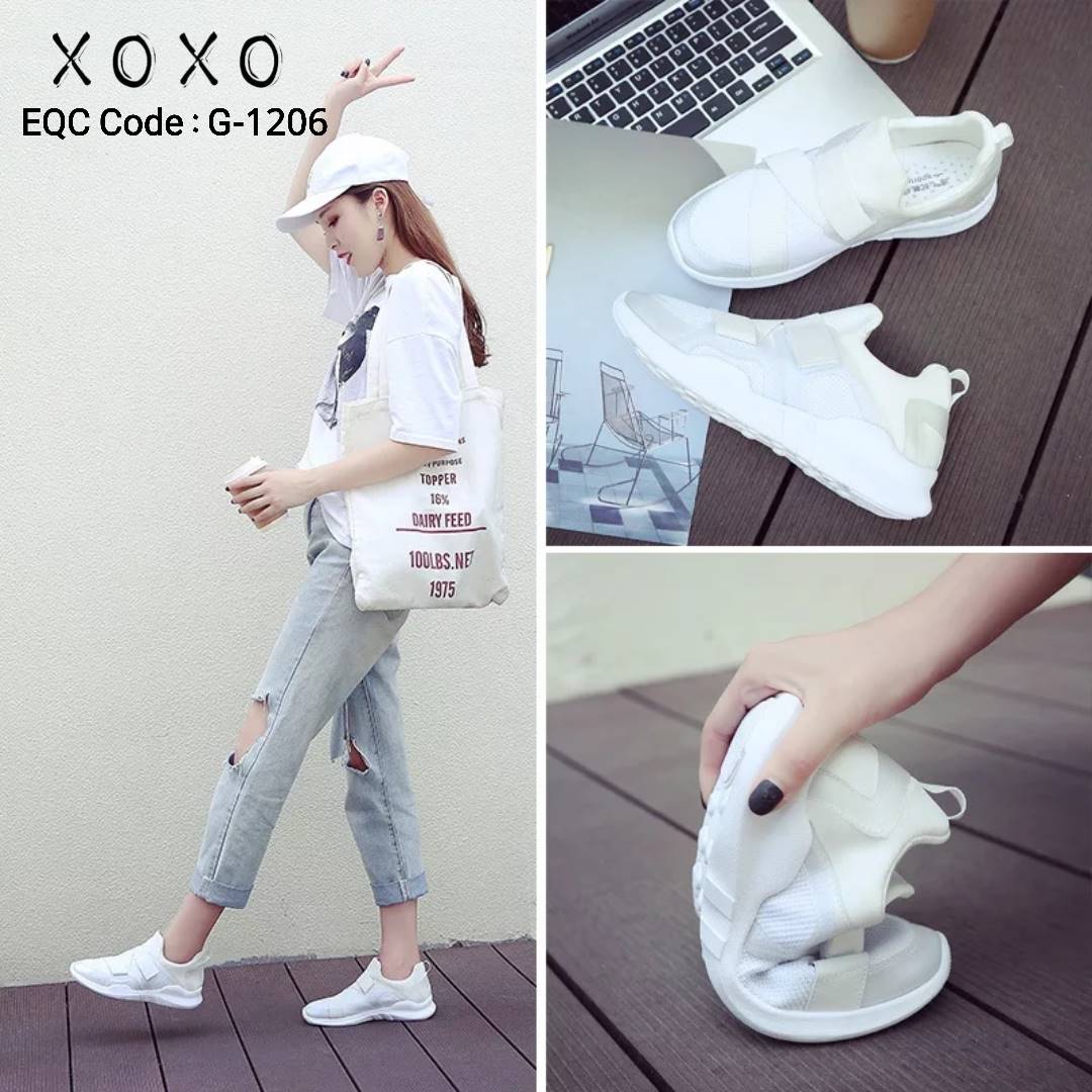รองเท้าผ้าใบสวมทรงSportแต่งเมจิกเทป (สีขาว)