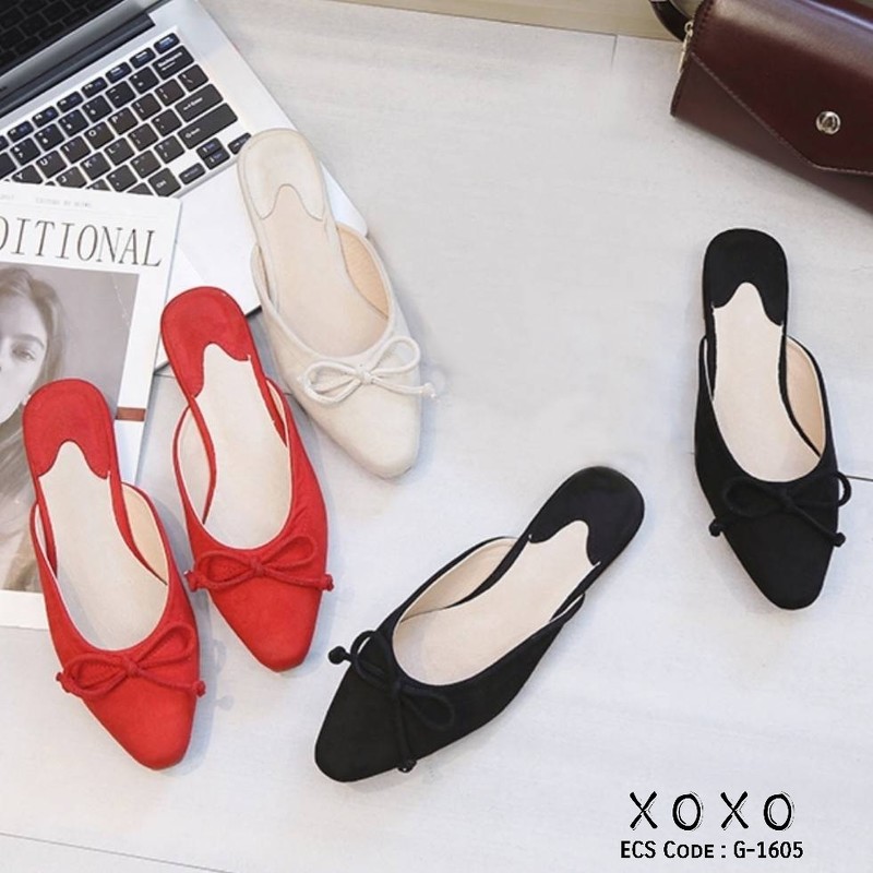 รองเท้าส้นแบนเปิดส้นแต่งโบว์ (สีแดง)
