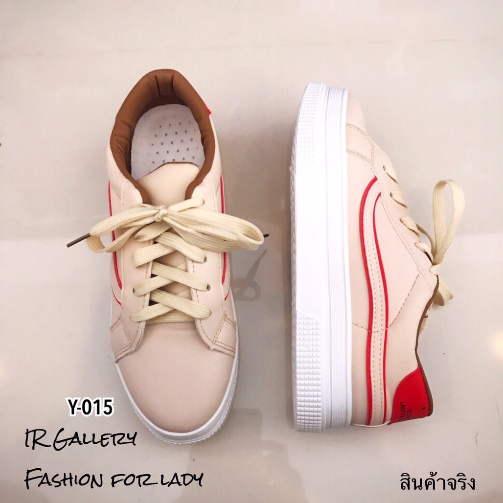 รองเท้าผ้าใบฟั่นพียูแต่งลายแถบ (สีครีม)