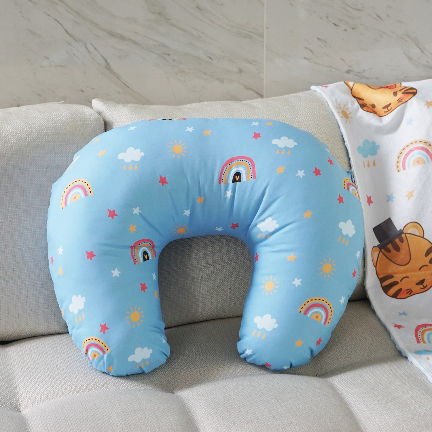 หมอนรองให้นม Nursing Pillow แบบพร้อมส่ง ลายเสือ สีฟ้า Tiger - Blue