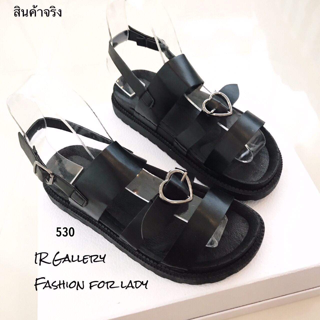 รองเท้าแตะลำลองสายคาดแต่งหัวใจ (สีดำ)