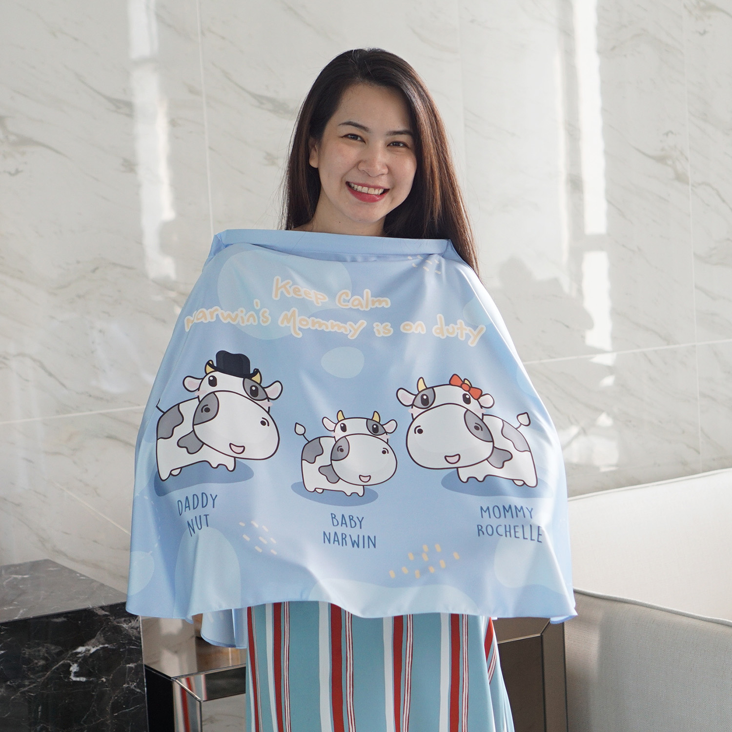 ผ้าคลุมให้นม สั่งทำใส่ชือ ลาย Cow1 - Indigo