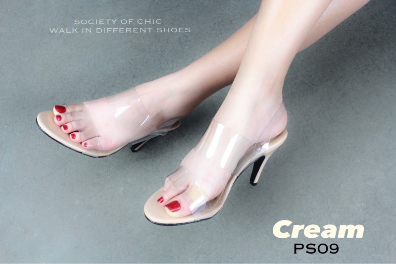 รองเท้าส้นสูงเปิดส้นคาดใสสองชั้น (สีครีม)