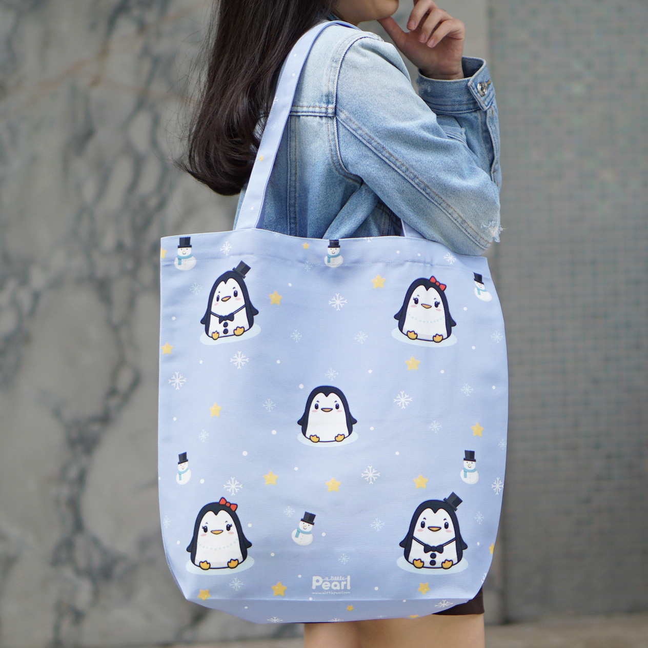 กระเป๋าผ้าแคนวาสพร้อมส่ง ลาย Penguin - Blue