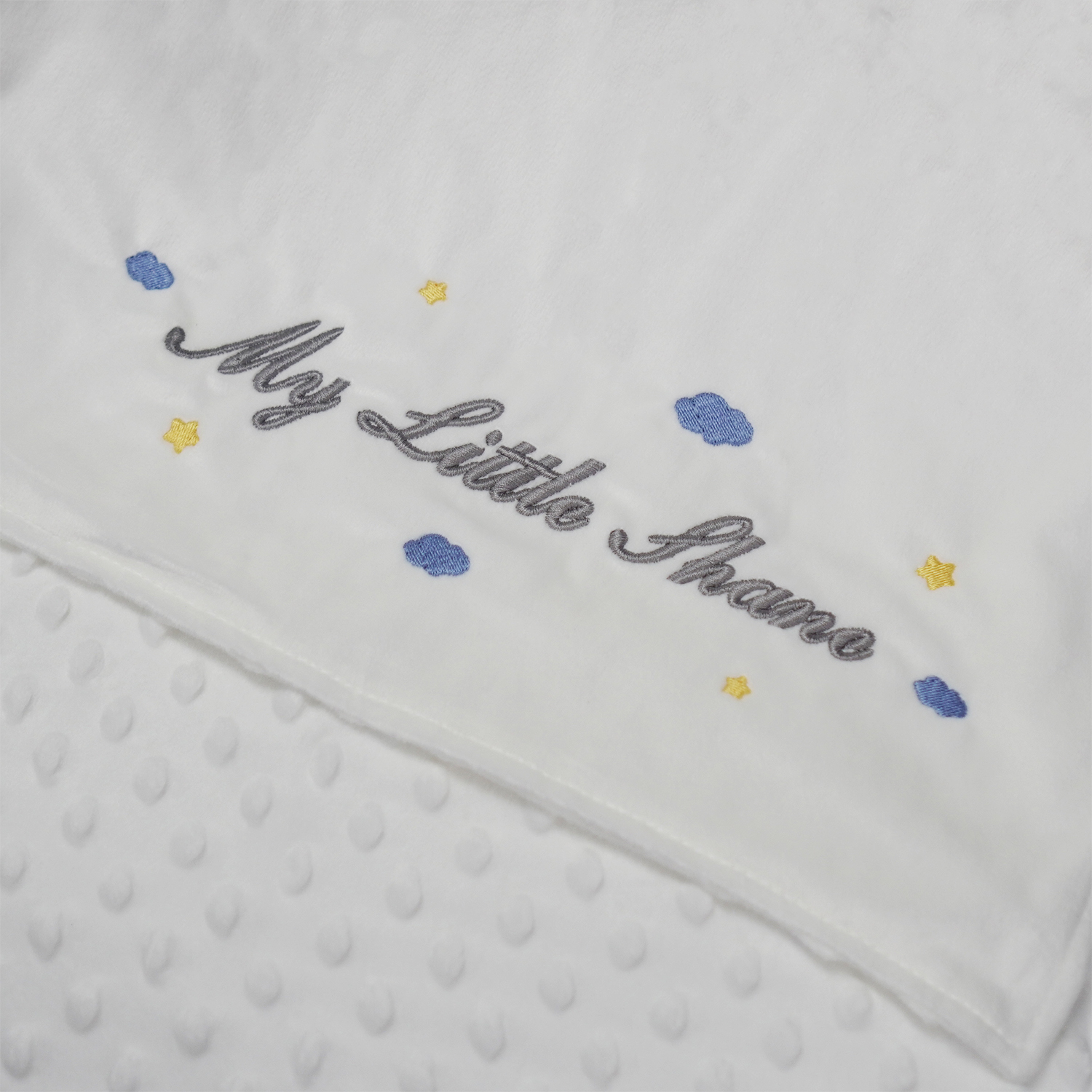 ผ้าห่ม Minky - สีฟ้า 75x100cm แบบปักชื่อ+icon - Cloud&Star
