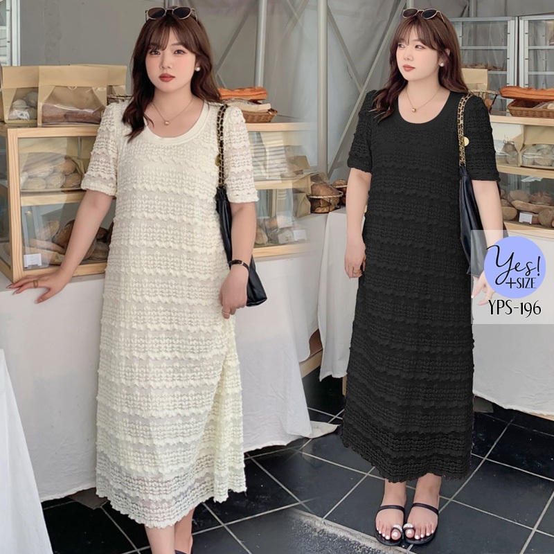 ชุดเดรสยาวสาวอวบ อก 40-52 นิ้ว เดรสคอกลม แขนสั้น ผ้าลูกไม้ชั้นๆ ยืดดี สีครีม/ดำ YPS-196
