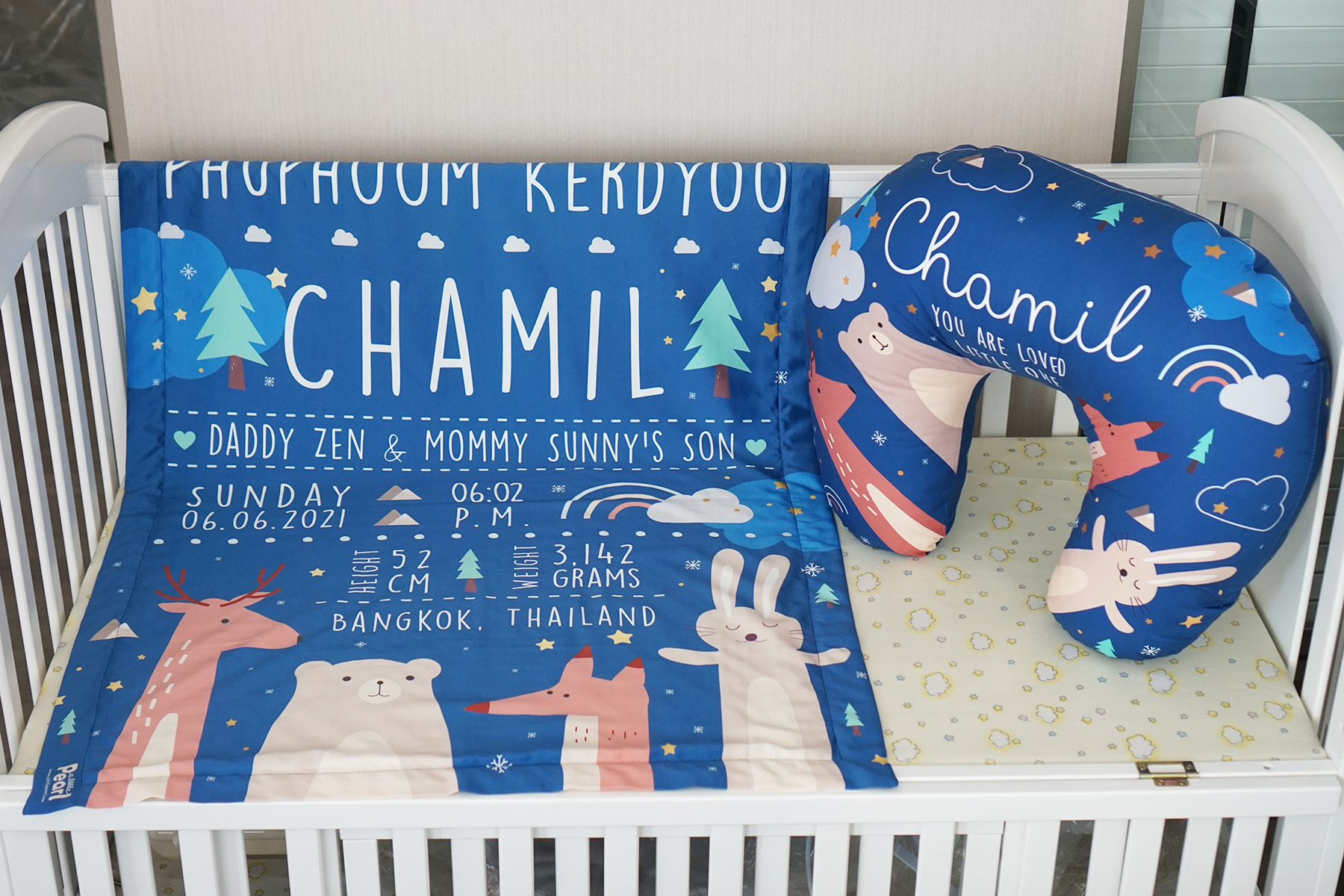 ชุดของขวัญเด็กแรกเกิด ผ้าห่ม ขนาด75x100cm + หมอนรองให้นม ลาย Woodland - Dark Blue
