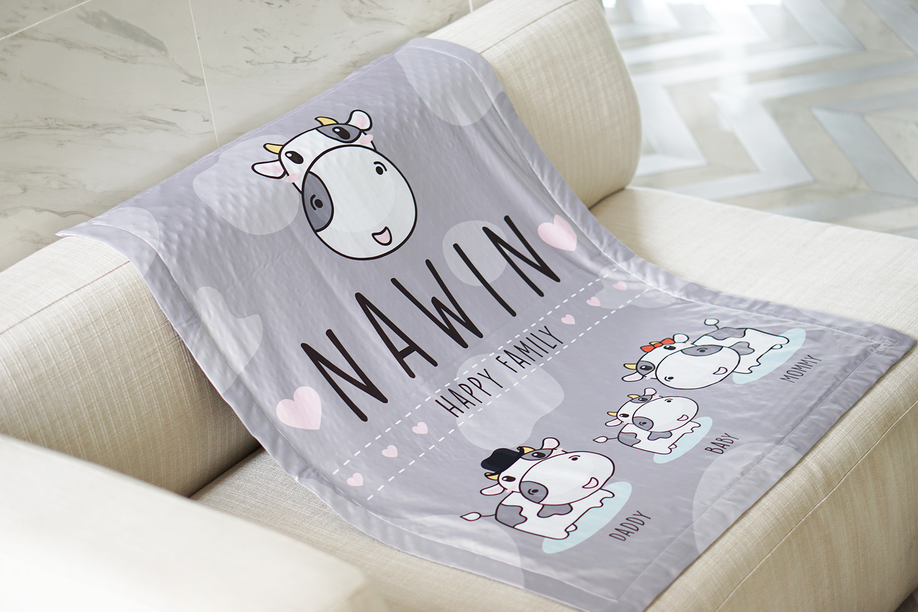 ผ้าห่ม สั่งทำใส่ชื่อ ลาย Cow1 - Grey