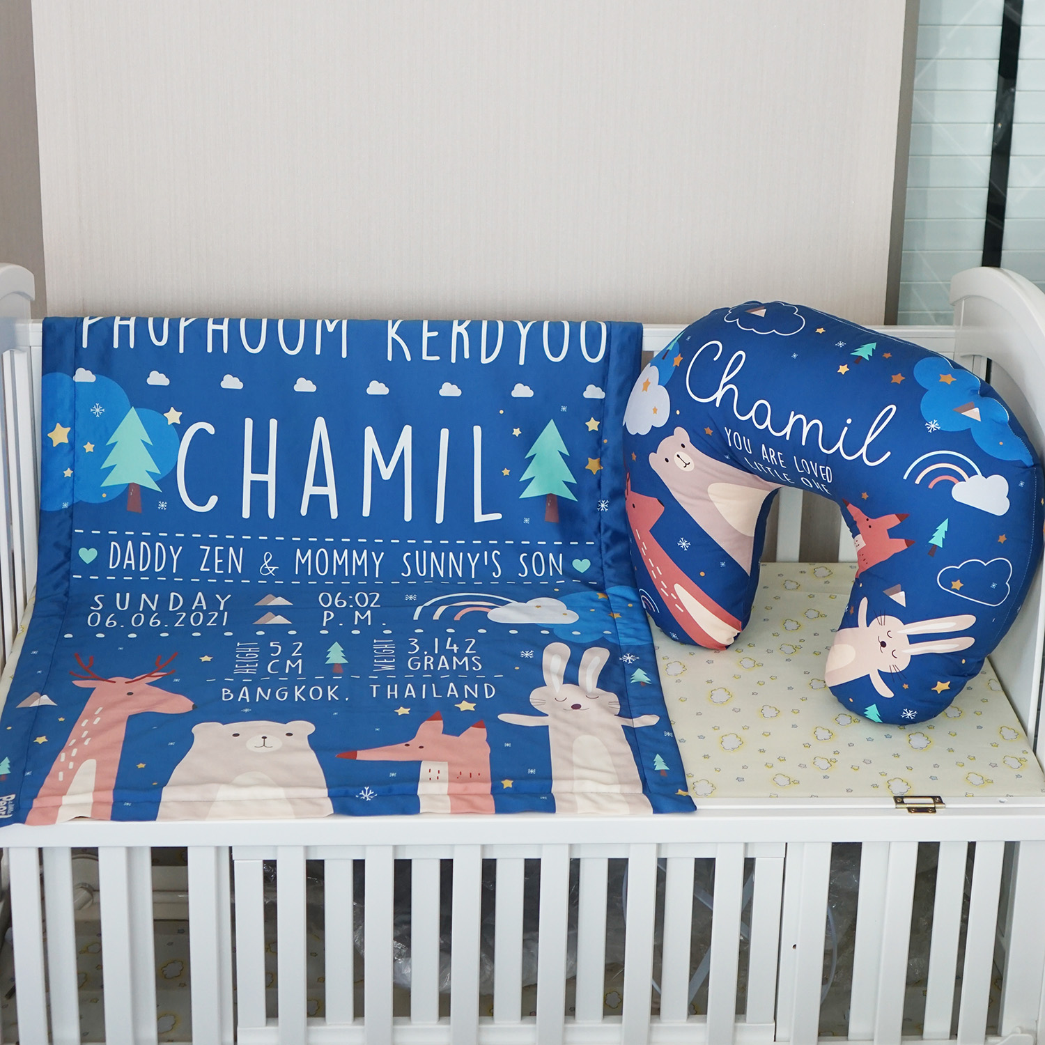 ชุดของขวัญเด็กแรกเกิด ผ้าห่ม ขนาด75x100cm + หมอนรองให้นม ลาย Woodland - Dark Blue