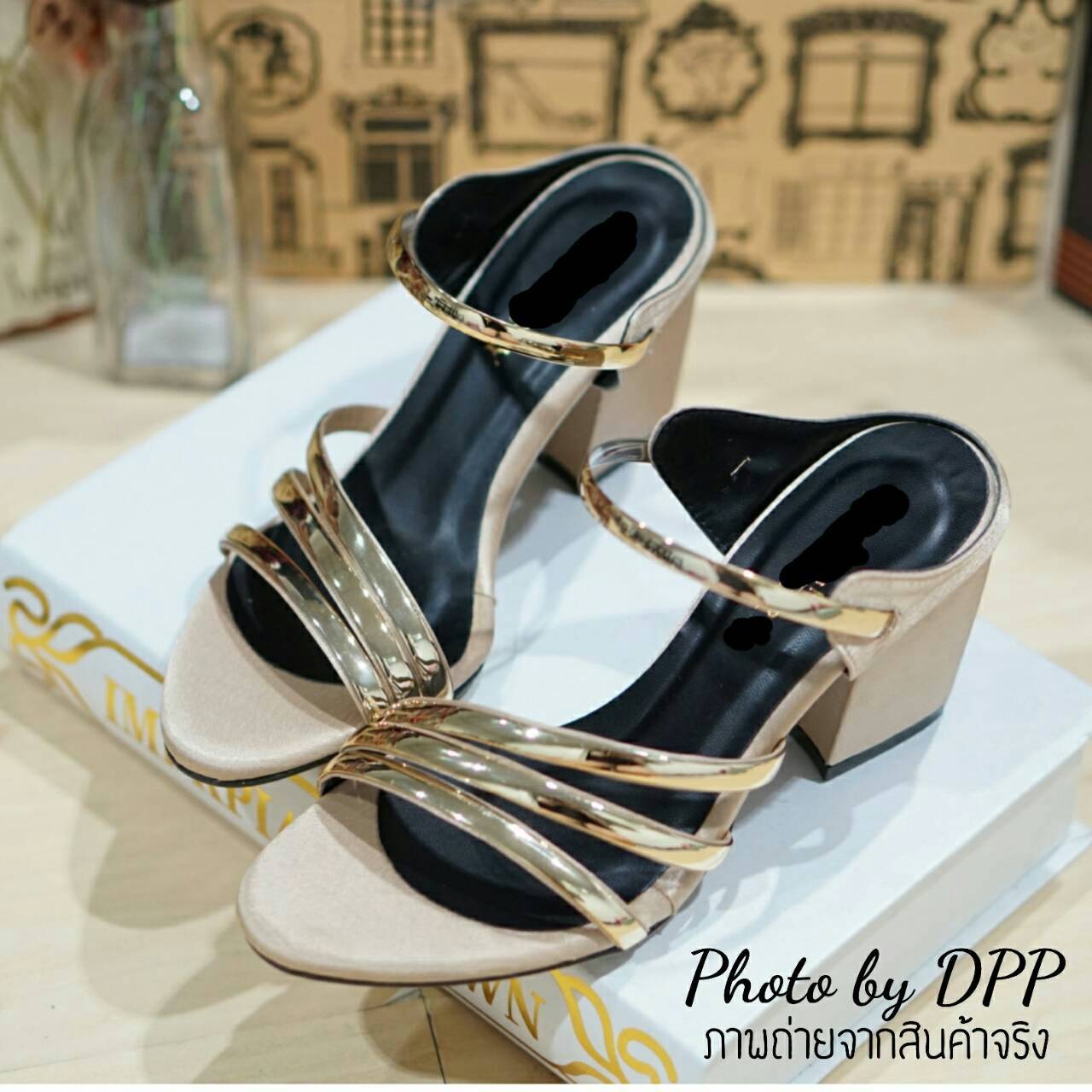 พร้อมส่ง : รองเท้าส้นตันสายคาดสอง (สีครีม)