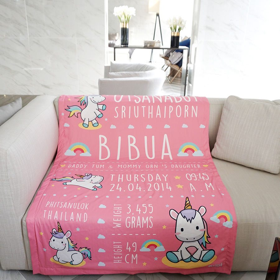 ผ้าห่ม ใส่ประวัติแรกเกิด ลายยูนิคอร์น สีชมพู ไซส์ใหญ่ 100x150cm / Unicorn - Pink